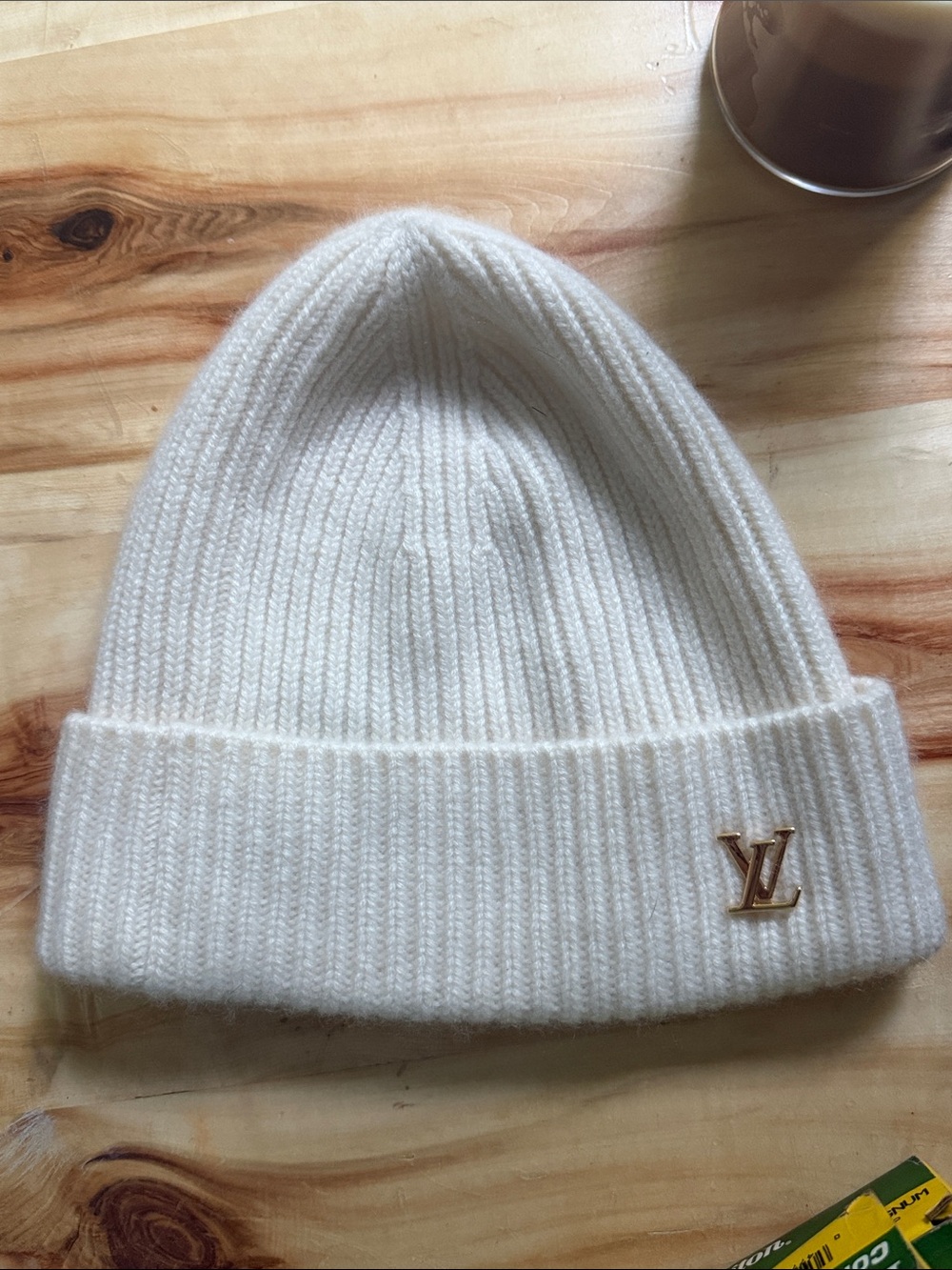 Louis Vuitton Cream Ribbed Cashmere Beanie with Gold LV Pin